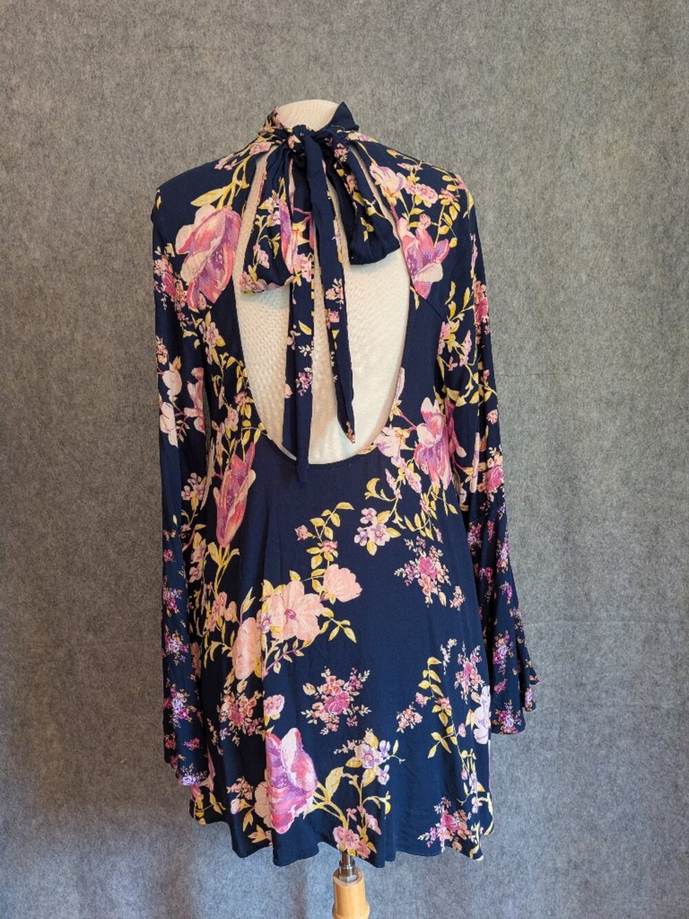 FREE PEOPLE Tate Open Back Floral Dress Bell Sleeves Midnight NWT Size S